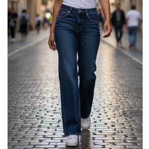 Alfred Dunner Women's Jeans Size 14 Dark Blue Embellished Pockets RN19232